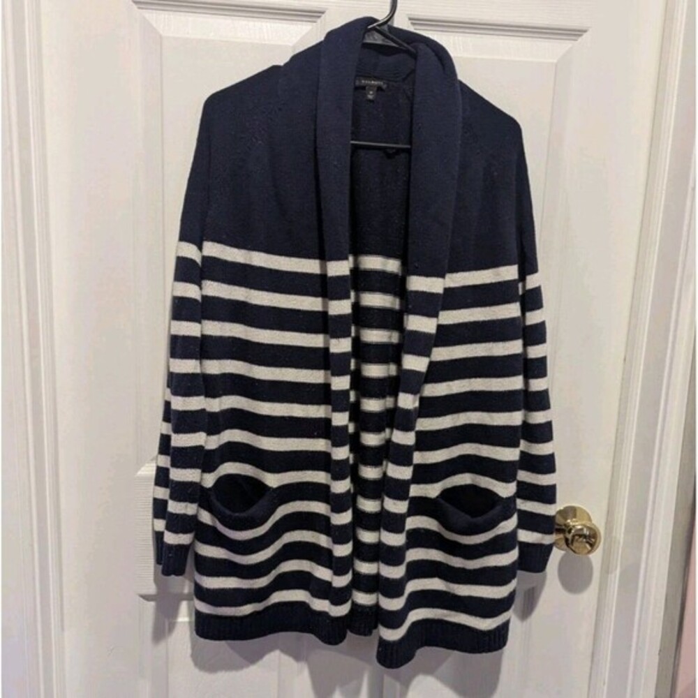 Coastal Grandma Talbots Navy & White Striped Cardigan Sweater Nautical Preppy M